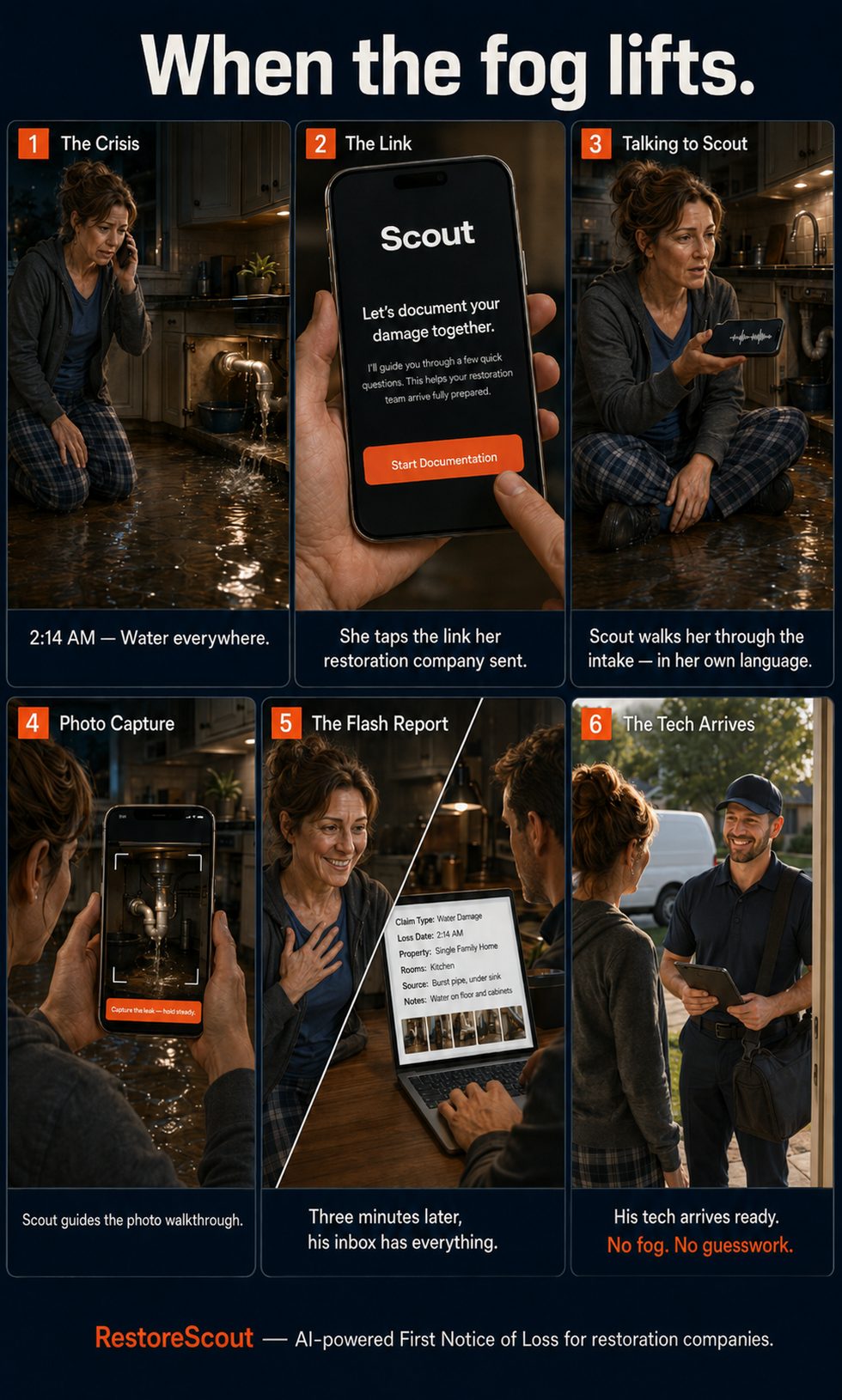 Six-panel strip titled When the fog lifts. One: a woman kneels in a flooded kitchen at 2:14 AM. Two: she taps the Scout link her restoration company sent. Three: Scout walks her through the intake in her own language. Four: Scout guides the photo walkthrough. Five: three minutes later the owner's inbox has the full Flash Report. Six: the technician arrives ready — no fog, no guesswork.